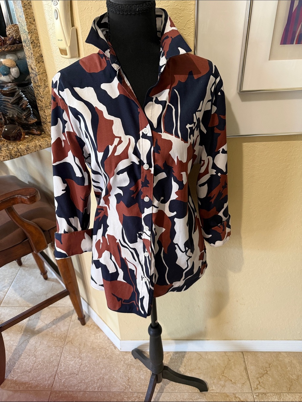 Chico's Abstract Print Button-Down Shirt in Navy, Rust & White